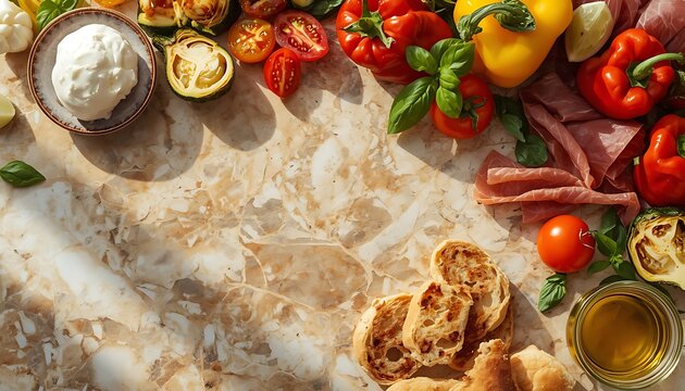 Vegetables and bread frame a surface.