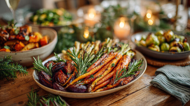 New Year and Christmas. Roasted carrots and root vegetables garnished with rosemary on holiday dining table, beautifully plated vegetarian dish