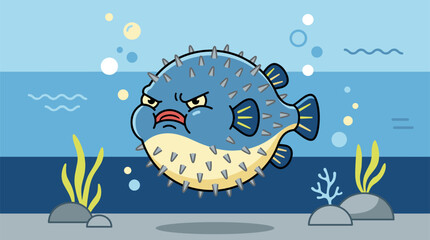 Grumpy pufferfish with spikes inflated underwater, flat design cartoon style, with seaweed and bubbles © Sugiyo