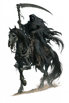 Grim Reaper Mounted Skeleton Rider on Undead Horse With Raised Scythe for Halloween Fantasy Role Play Games