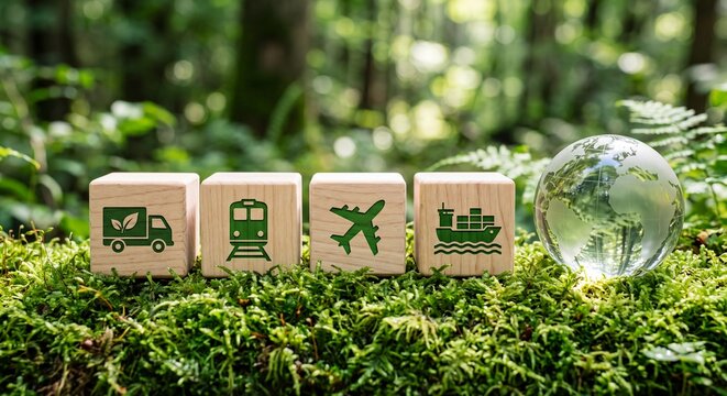 Wooden blocks with eco friendly transportation icons and a glass globe on a mossy forest floor