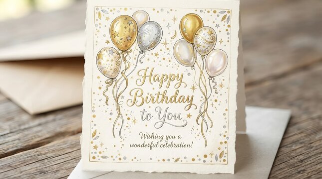 A beautiful Birthday greeting card with golden and silver balloons on a vintage textured background