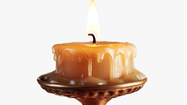 Burning golden candle on a brass holder, softly glowing against a pure white backdrop, concept for warmth and tranquility