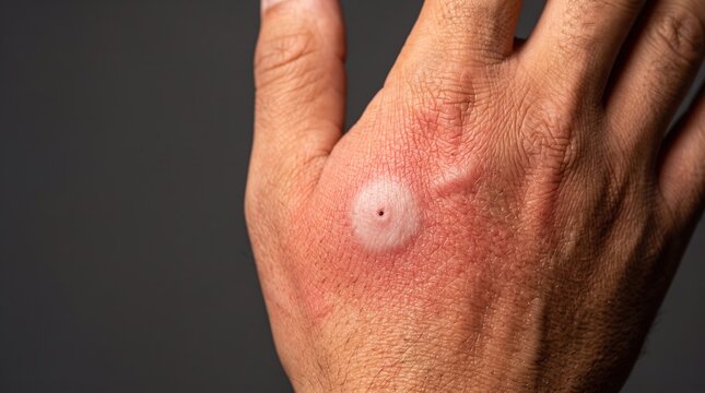 Close up view of bullseye rash with pale central wheal from spider or insect bite on hand