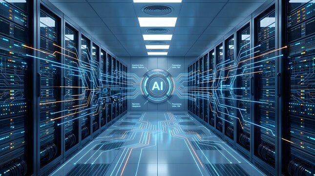 AI technology concept with data server room and futuristic digital circuit lines glowing