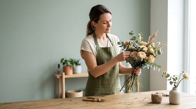 Professional female florist arranging a floral bouquet, woman in green apron creating flower arrangement, small business owner working in bright studio