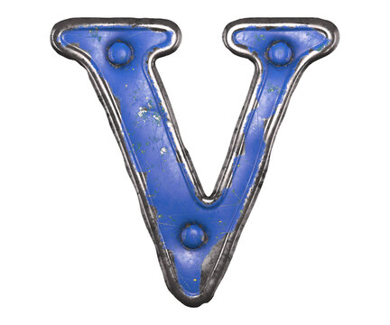 Blue scratched metal letter V with rivets