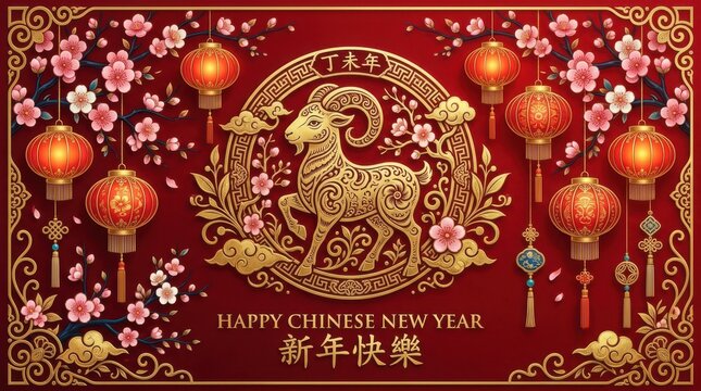 chinese new year 2015 sheep year red background with lanterns and flowers chinese new year lanterns