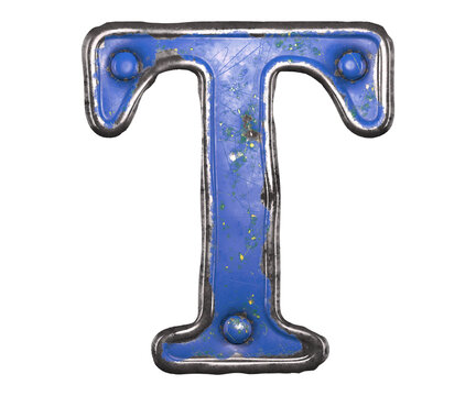 Blue scratched metal letter T with rivets