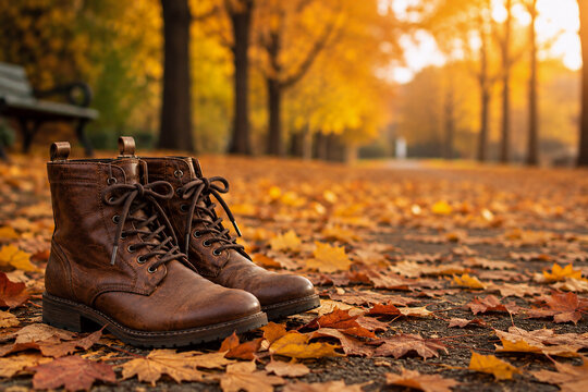 Braune Lederstiefel zwischen buntem Herbstlaub im Park