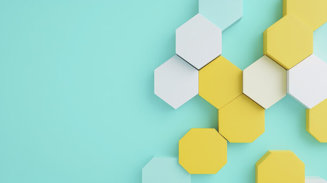 Contemporary hexagonal background with yellow and white shapes on light blue surface, creating modern and vibrant design