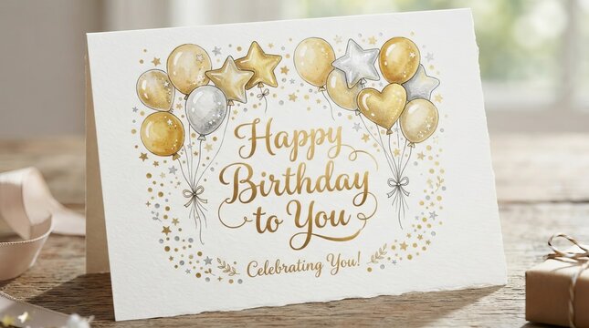 A Beautiful Hand Drawn Watercolor Birthday Greeting Card Featuring Gold And Silver Balloons Decor.