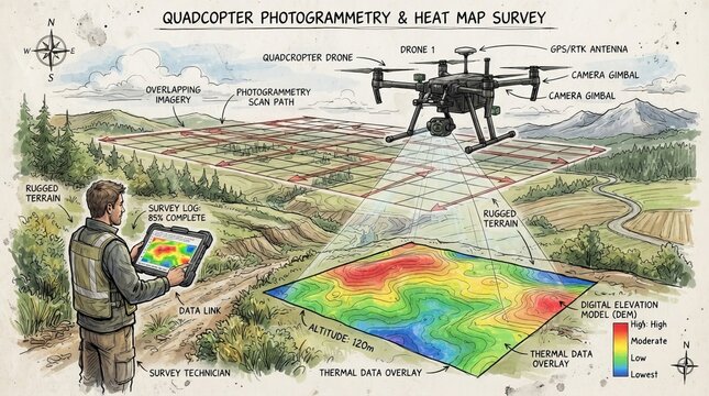 Illustration showing quadcopter drone technology involved in aerial photogrammetry surface mapping