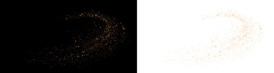 Sparkling golden stardust swirl with shining particles. Glowing magic glitter trail isolated on transparent background. Festive overlay effect PNG © Sergey
