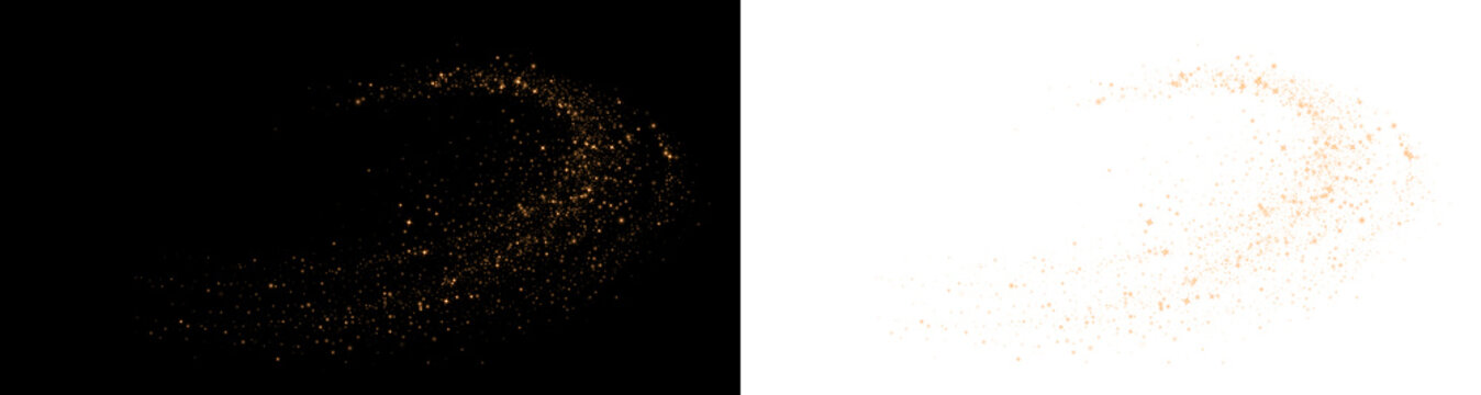 Sparkling golden stardust swirl with shining particles. Glowing magic glitter trail isolated on transparent background. Festive overlay effect PNG