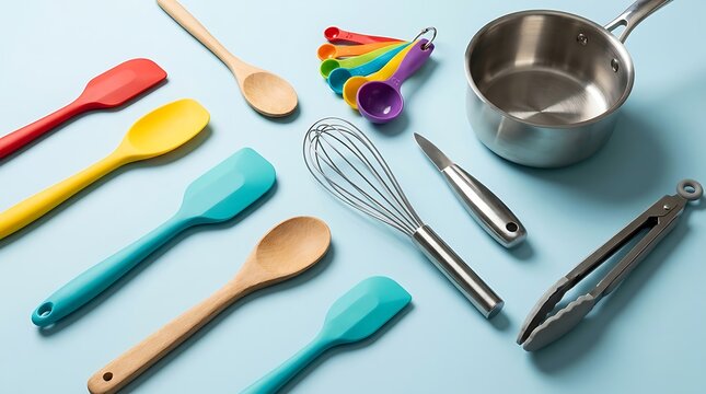Colorful kitchen tools and utensils arranged on a light green surface for cooking and baking. beginner cooking essentials