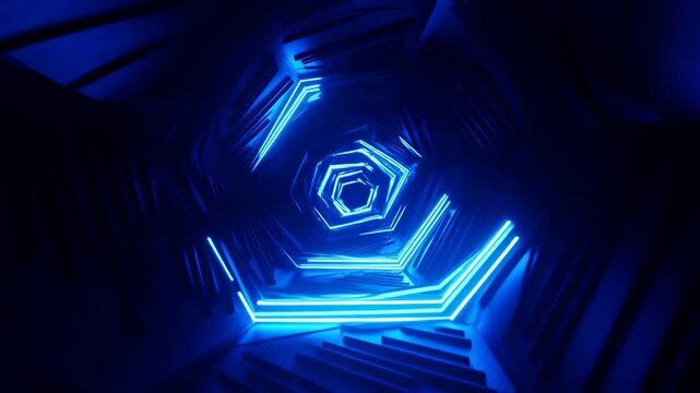 Rotating and pulsing neon blue hexagonal shapes form a glowing geometric tunnel on a dark background. Futuristic backdrop inspired by and digital tunnel.
