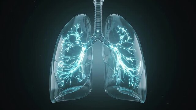 Lungs displaying pulse connectivity in a glowing digital network against a dark background for medical and scientific research projects.