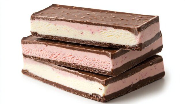 Stacked chocolate ice cream bars displaying a delightful pink filling, creating a tempting treat for indulgence and enjoyment