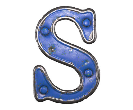 Blue scratched metal letter S with rivets