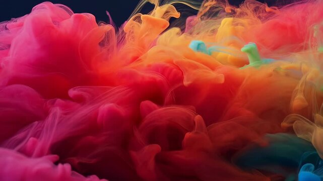 Colorful ink clouds flow and mix underwater against a dark background. Animated texture shows clouds and smoke-like shapes with flowing movement.
