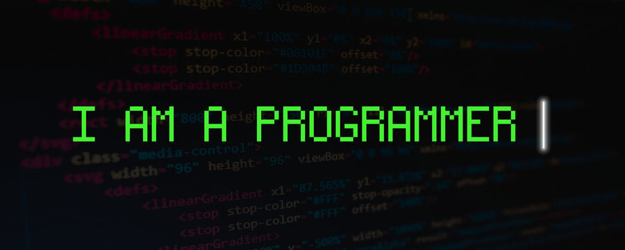 Retro computer terminal screen with I AM A PROGRAMMER text, vintage green pixel font on dark background, coding and software development concept