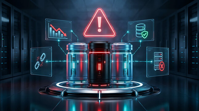 Data center server failure concept with warning symbol and analytics graphs