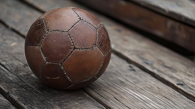 Vintage brown leather soccer ball sits gracefully on weathered wooden planks, representing classic sport and nostalgic gameplay