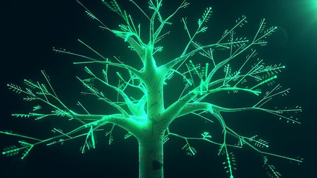 Glowing digital tree branches and pulses in a dark network space. Technology presentations, data network explainers, and digital transformation advertising.