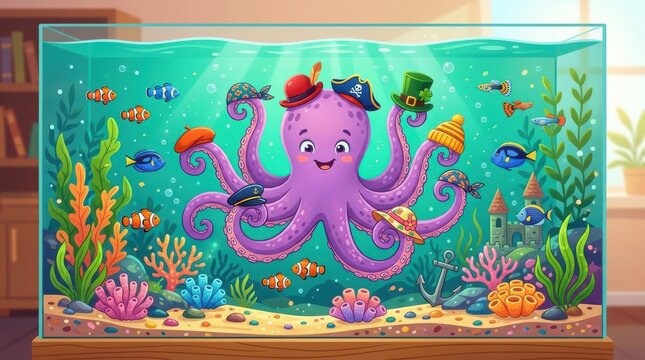 Cute purple octopus wearing pirate hats in a colorful aquarium with fish and coral