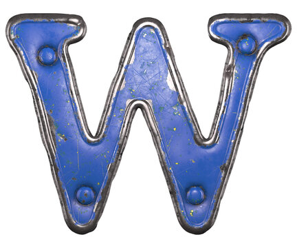 Blue scratched metal letter W with rivets
