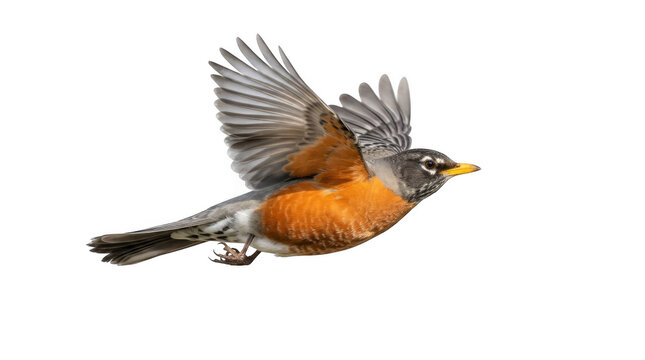 American robin bird in flight with wings spread isolated on a white background