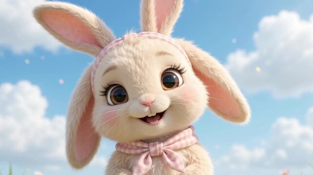 Adorable fluffy bunny winking with a pink gingham headband and bow against a bright blue sky background