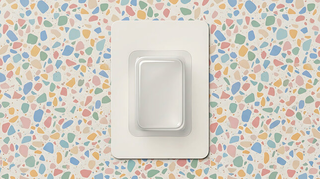 Blank white rectangular card on a colorful terrazzo stone pattern background