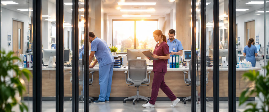 Healthcare professionals working in a hospital office with natural light and copy space