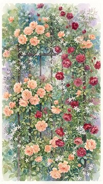 Romantic Climbing Pink Roses on Trellis Botanical Pattern Design