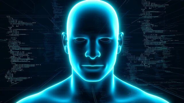 Glowing artificial intelligence face pulses within a dark digital interface of code and network lines. Technology presentations, ai education, and software marketing.