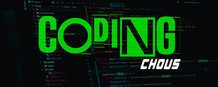 Coding text overlay on dark software development background, green neon programming typography, computer screen with source code lines