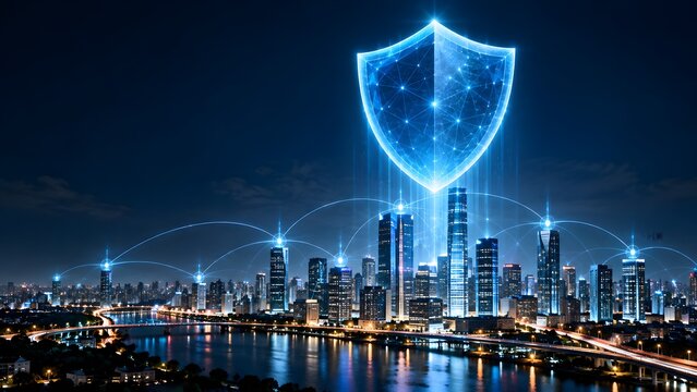 Cybersecurity and smart city concept with glowing digital shield protecting urban skyline network at night