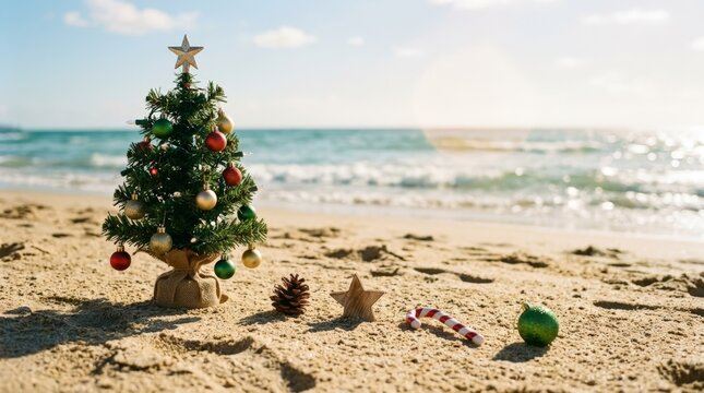 Small Decorated Christmas Tree on Tropical Sandy Beach with Ocean Waves for Summer Holiday Travel and Festive Vacation Background