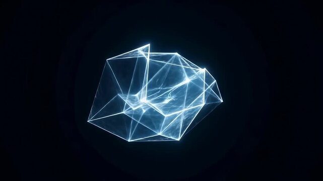 Glowing wireframe polyhedron rotates and morphs against a dark background. Futuristic backdrop inspired by digital geometry and abstract visualization.