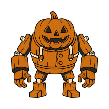 Whimsical Pumpkin Robot with Mechanical Arms.