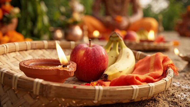 Bokeh shot of the basket, full of fruits and flowers to perform the indian festival,Chhath puja(a ritual,dedicated to pray the Sun as god) with selective focus.Preparation of indian ritual in ... See 
