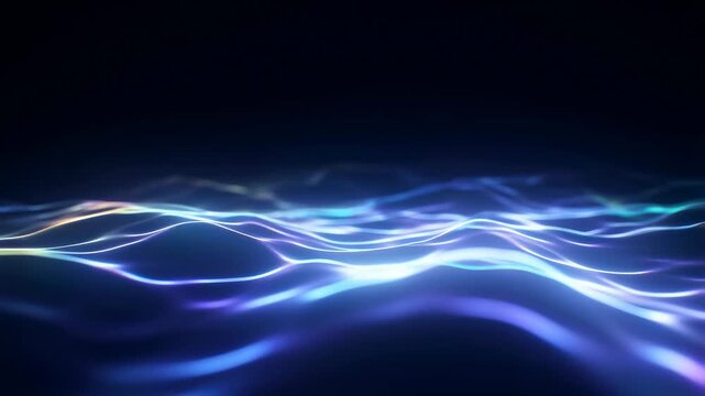 Glowing multicolored wave lines flow and undulate smoothly over a dark background with pulsing light effects. Futuristic backdrop inspired by energy flow and wave motion.