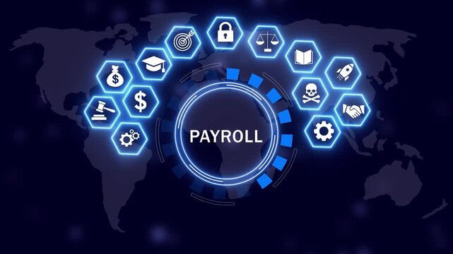 Payroll management system interface featuring glowing digital and global business network connectivity for financial operations, human resources, corporate accounting, and salary processing