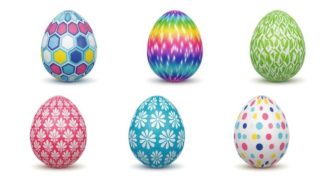 Collection of six vibrant easter eggs with diverse patterns and colors for holiday celebrations.