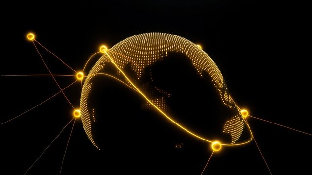 Golden globe depicts connections, networks. Lines radiate from points across continents, symbolizing global reach. Digital illustration.