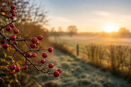 Rote Wei&szlig;dornbeeren an einem Zweig &uuml;ber herbstlicher Landschaft im Morgenlicht