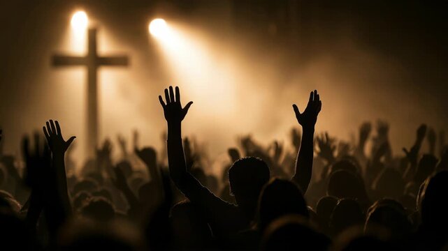 Crowd worshiping at a gathering with a cross in the background during a religious event