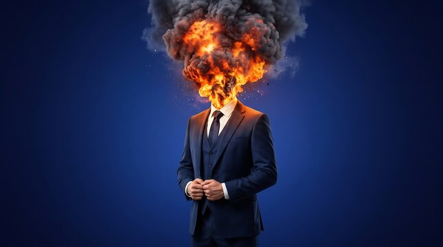 Businessman in a suit with a head exploding in flames against a solid blue background